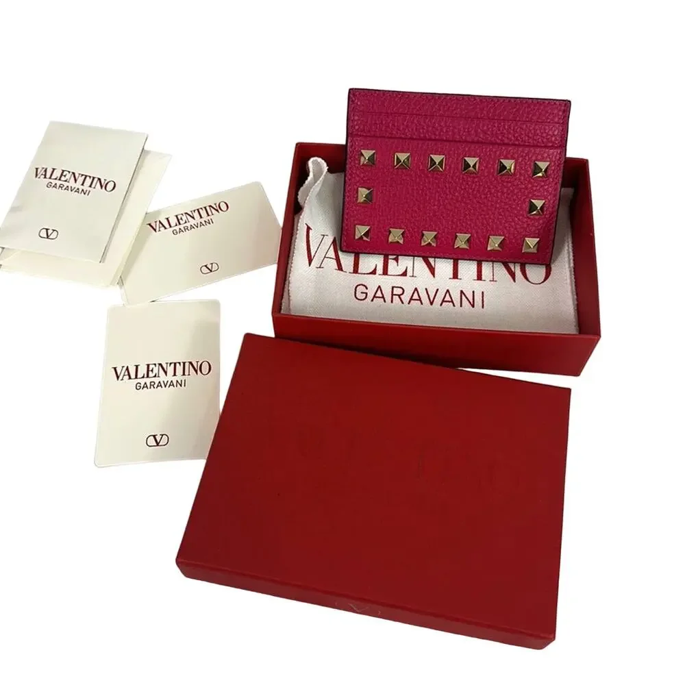 VALENTINO GARAVANI Rockstud Leather Cardholder Pink NEW